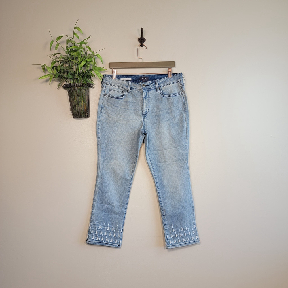 Not Your Daughters Jeans NYDJ Sheri Slim Ankle Embroidered Crop Light Wash 14 - Picture 2 of 12
